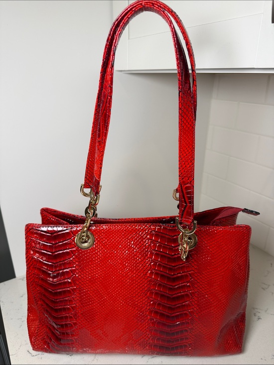 Handbags - Red Snake-Embossed Shoulder Tote with Gold Hardware